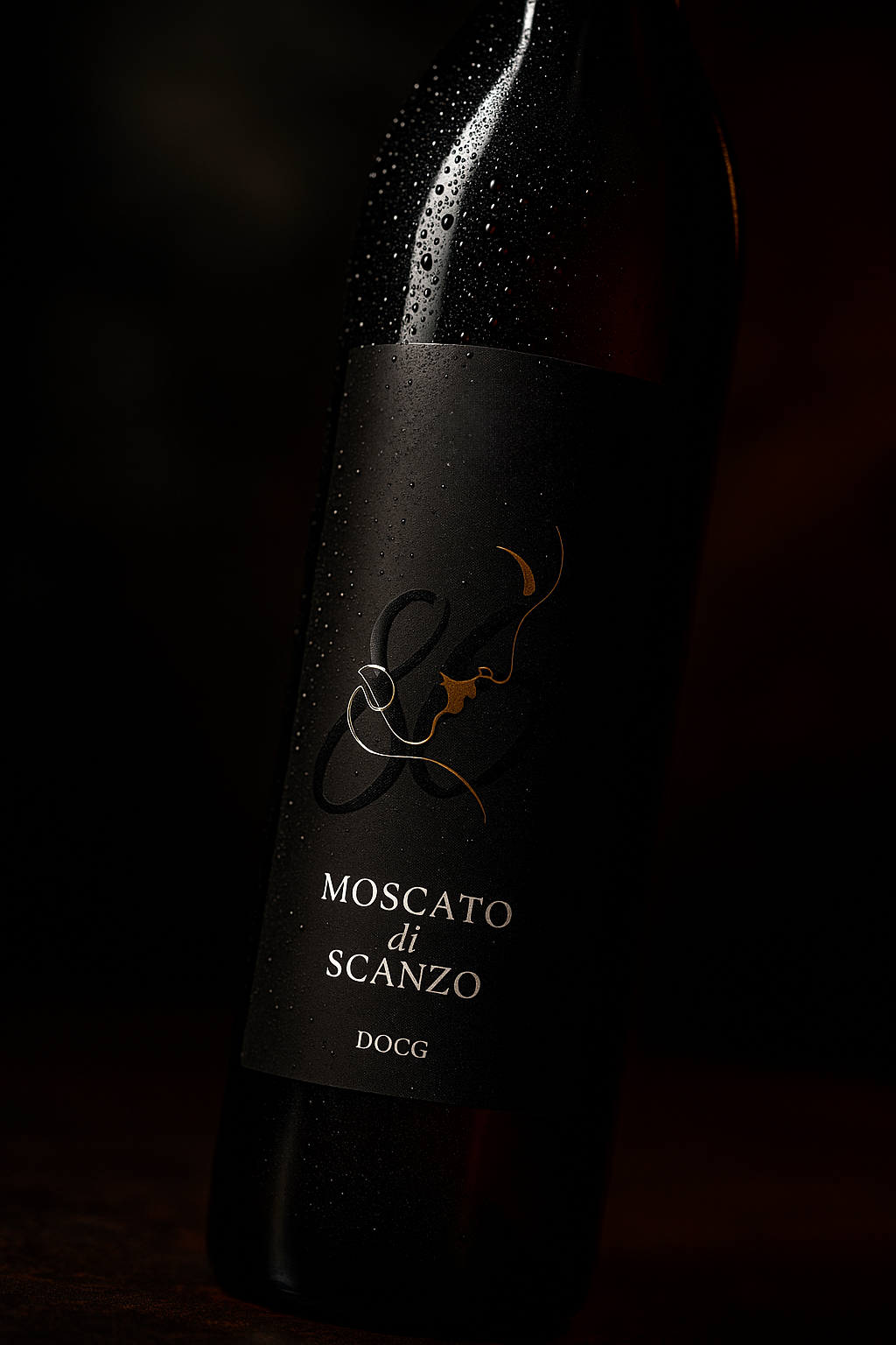 Bottiglia di Moscato di Scanzo DOCG  inquadrata ad altezza etichetta